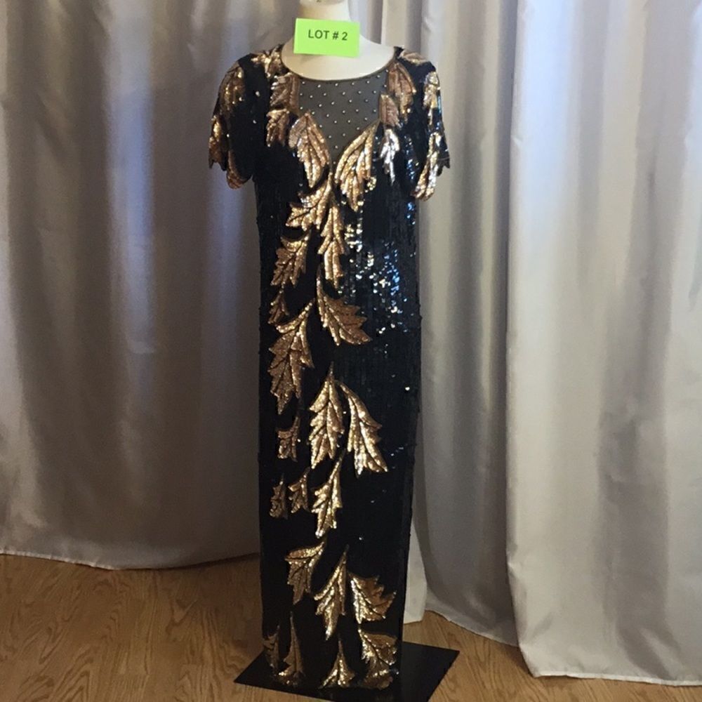 VINTAGE beaded & sequined gown in black & gold colors size medium